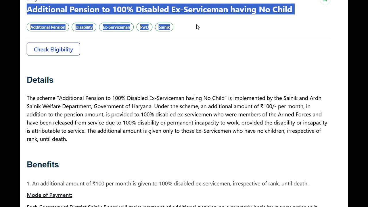 Additional Pension to 100% Disabled Ex Serviceman having No Child