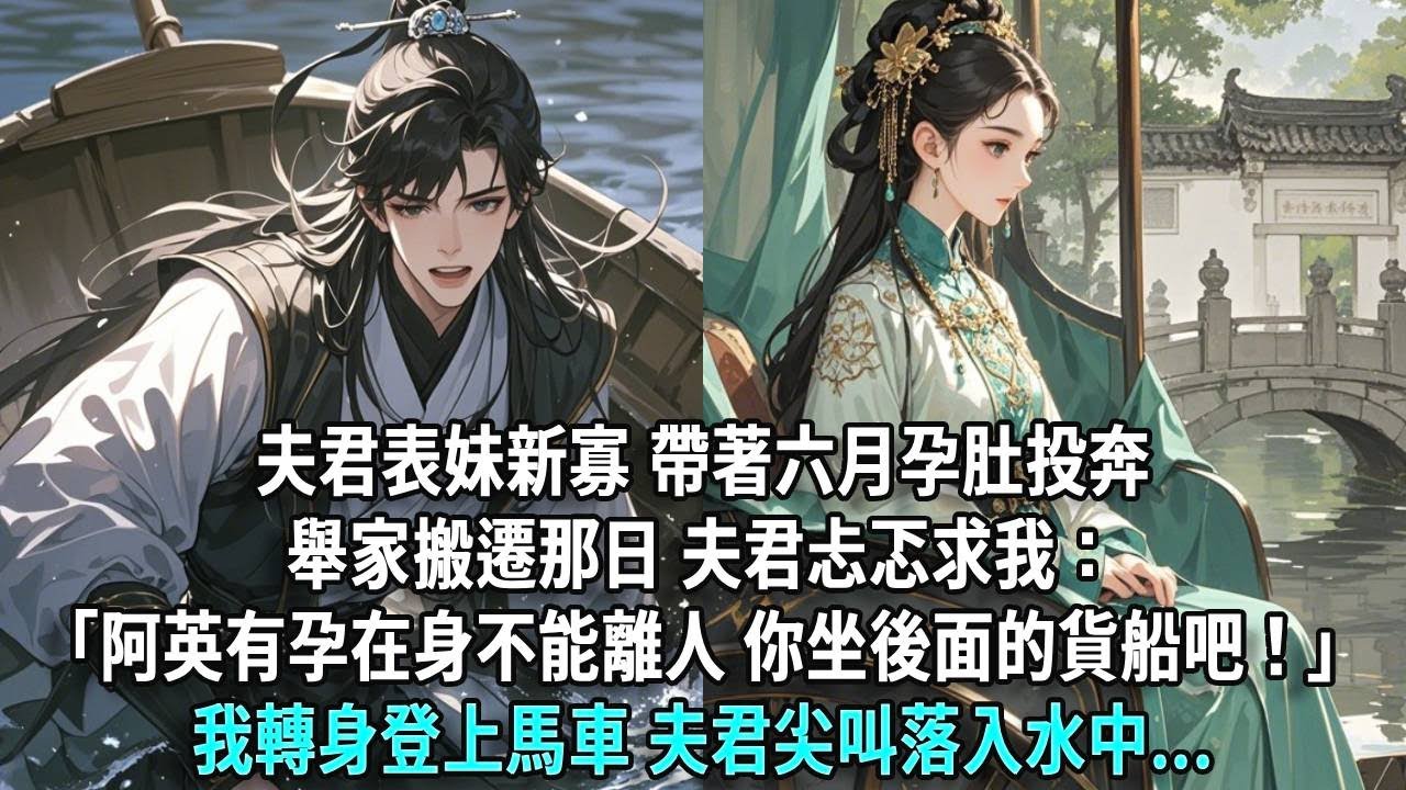 夫君表妹新寡，帶著六月孕肚投奔。舉家搬遷那日，夫君忐忑求我：「阿英有孕在身不能離人，你坐後面的貨船吧！」我轉身登上馬車，夫君尖叫落入水中...