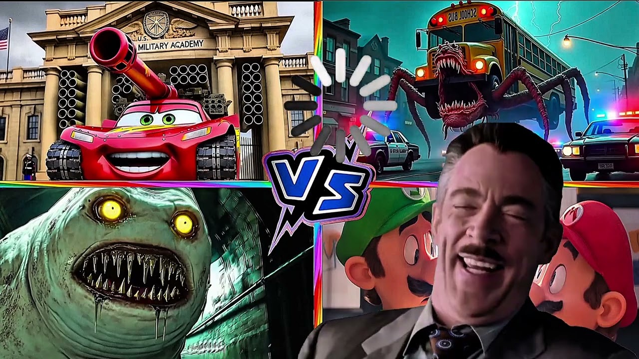 McQueen TANK VS Head Eater  VS Super MARIO VS School Bus Monster Tiles Hop EDM Rush 16