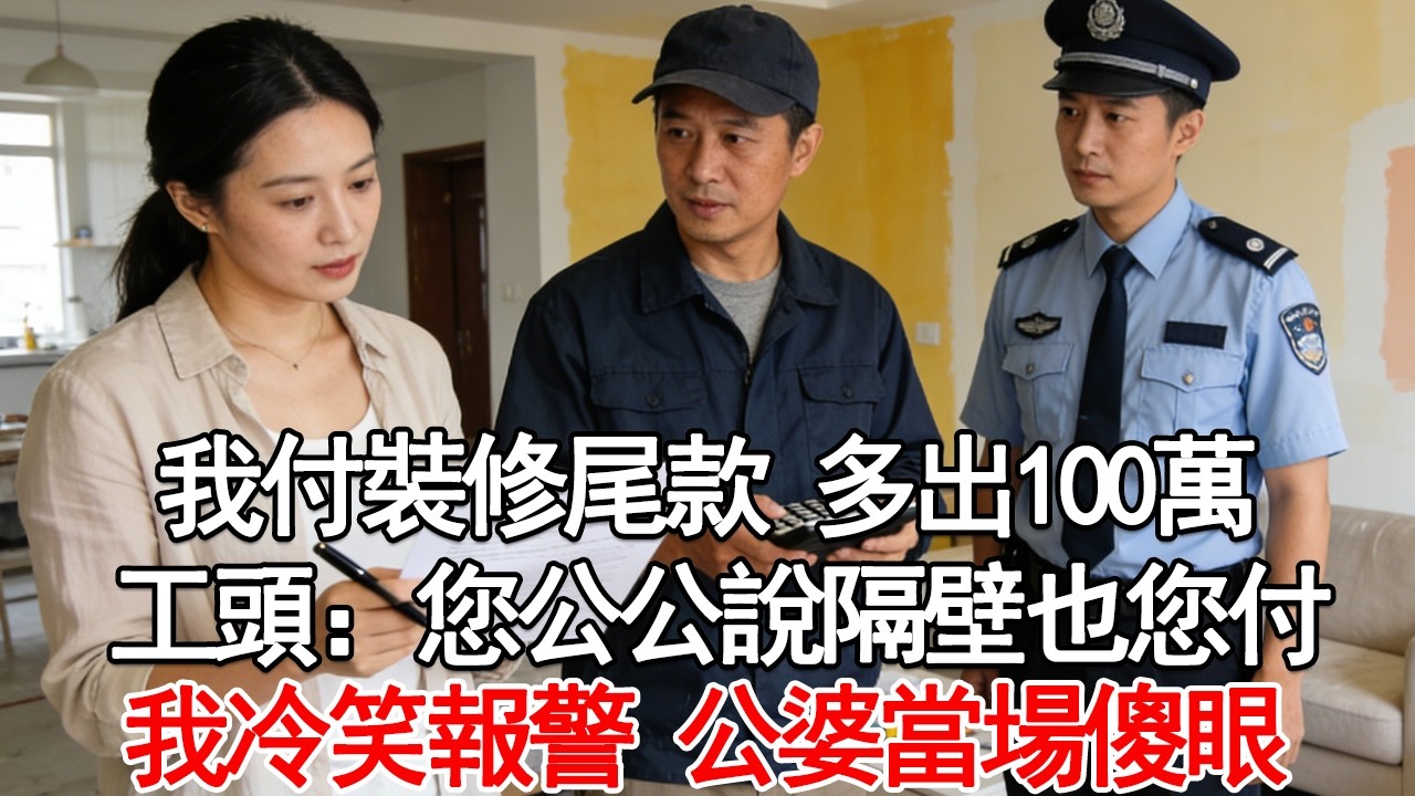 我付裝修尾款 多出100萬工頭：您公公說隔壁也您付我冷笑報警 公婆當場傻眼！#故事分享 #人生感悟 #情感#為人處世