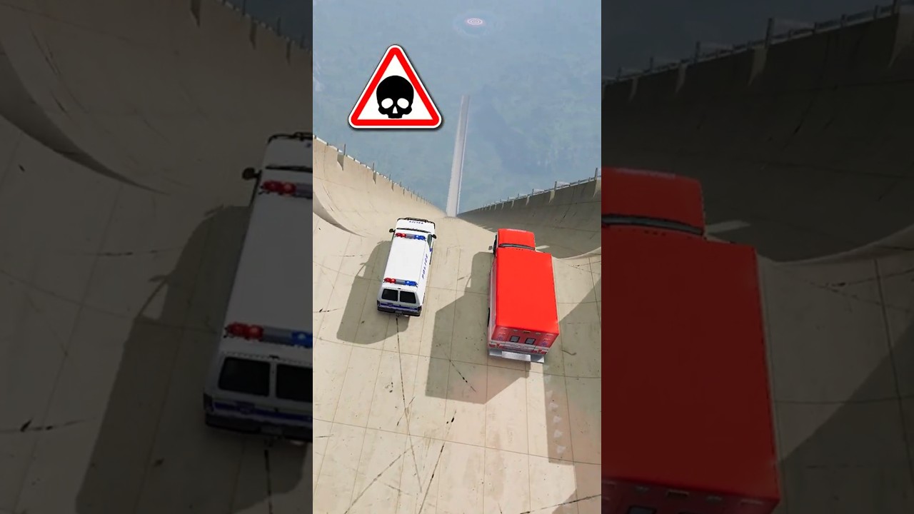 POLICE VAN VS AMBULANCE 🔥 LONG JUMP CHALLENGE 🚀 Mega Ramp 🔥 Best Trucks, Car and Buses Crashing Game