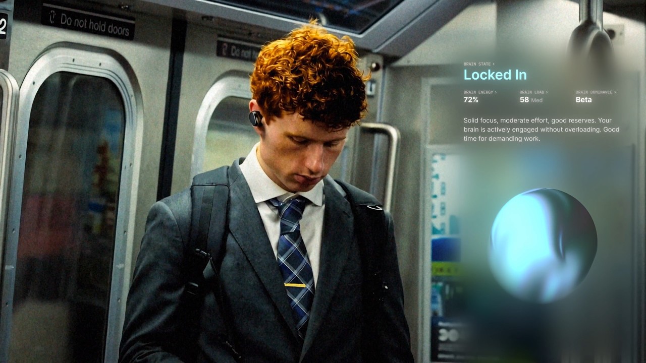 Still from the Zone launch film showing the brain-sensing earbuds