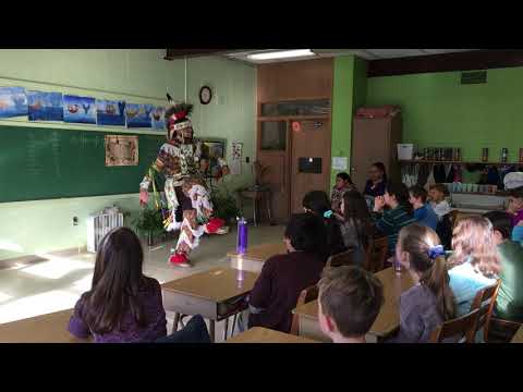 Jayden Mishquawtuk Mars Performs the Grass Dance for Meadowbrook Waldorf School Grade 4 students.