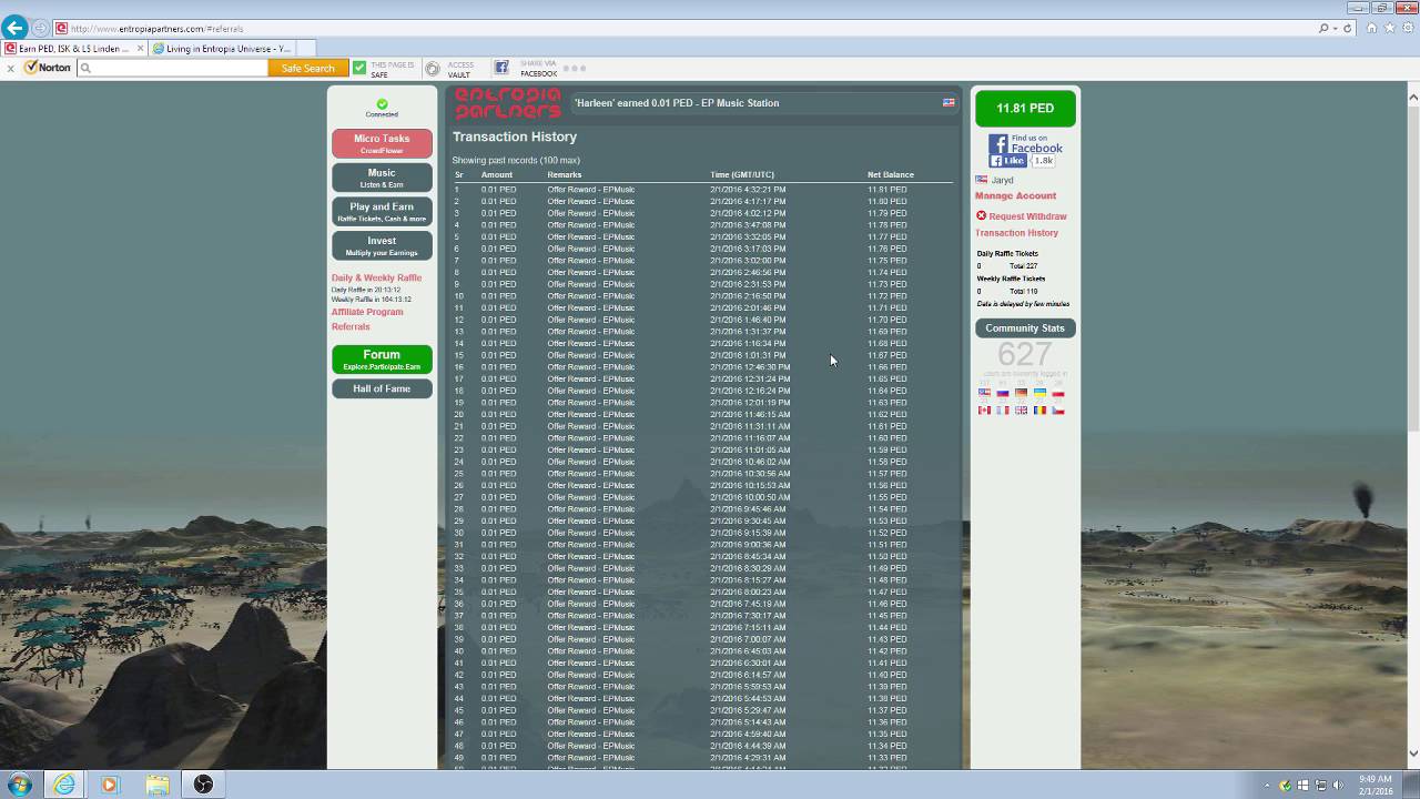 Earn PED with Entropia Partners Earnings Update 2/1/2016