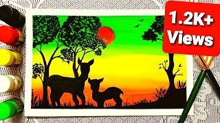 Easy Mom and Baby Fawn Painting | Green Sunset Scenery | Poster Colour | Step  By Step