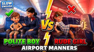 RUDE GIRL vs POLITE BOY | Airport Manners | Slow English Listening Practice