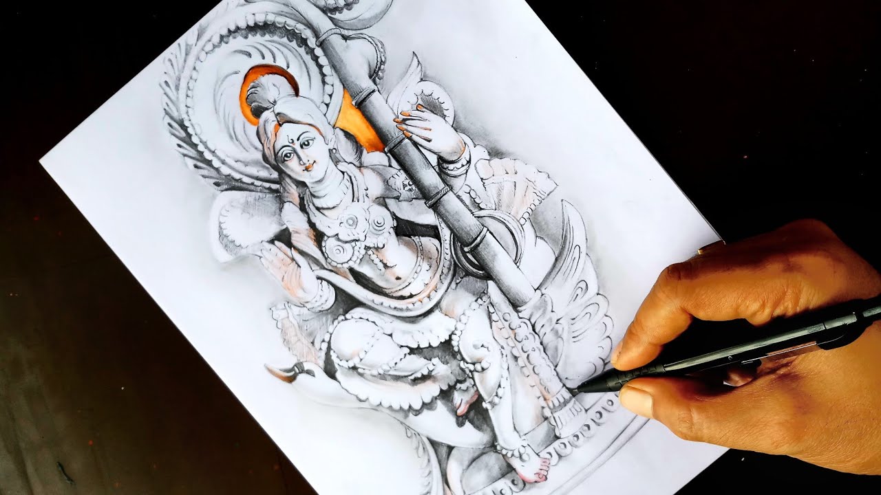 Saraswati Devi Pen Drawing with Pencil Shading – Meghnaunni.com-saigonsouth.com.vn