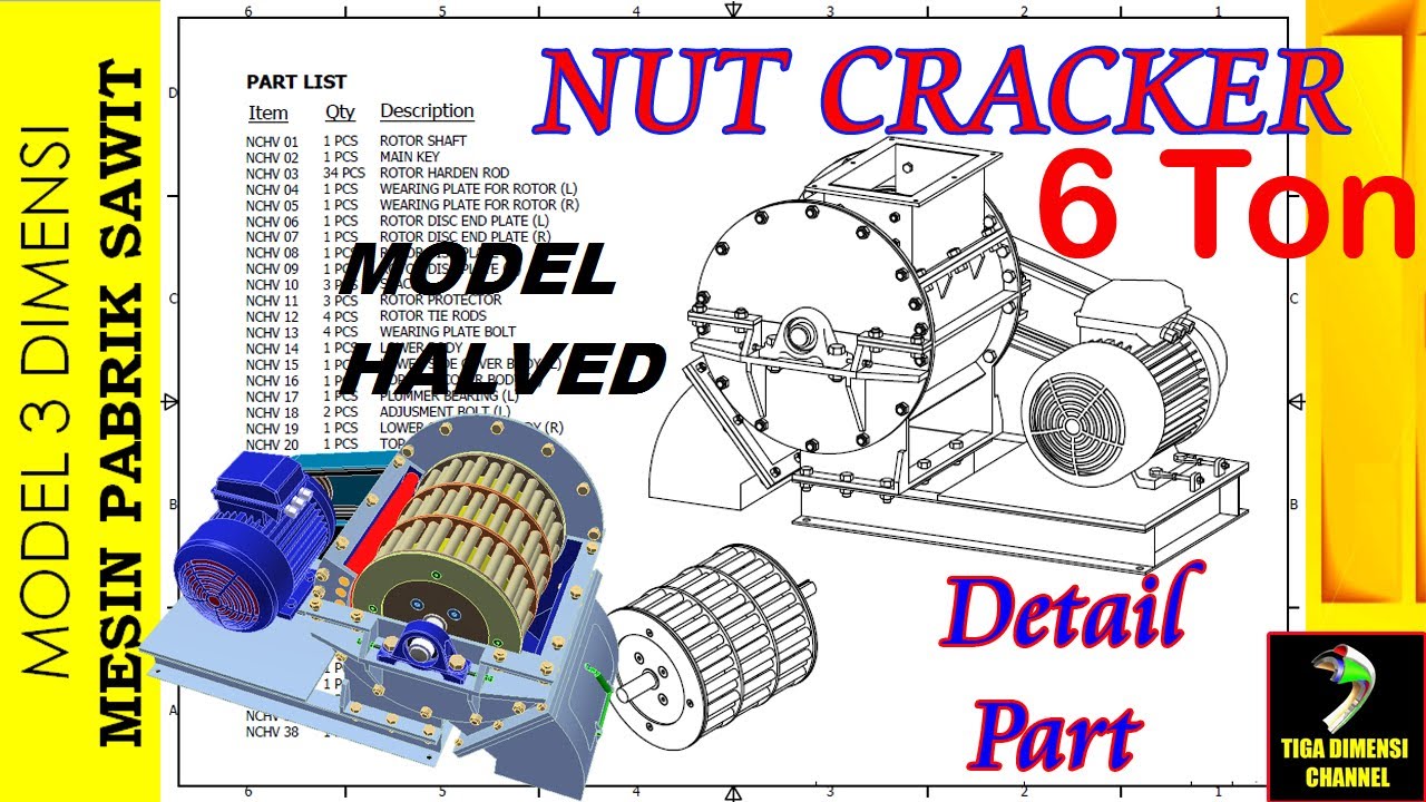 Model 3D NUT CRACKER 6 Tons Model HALVED  Part Detail Mesin Pabrik Sawit