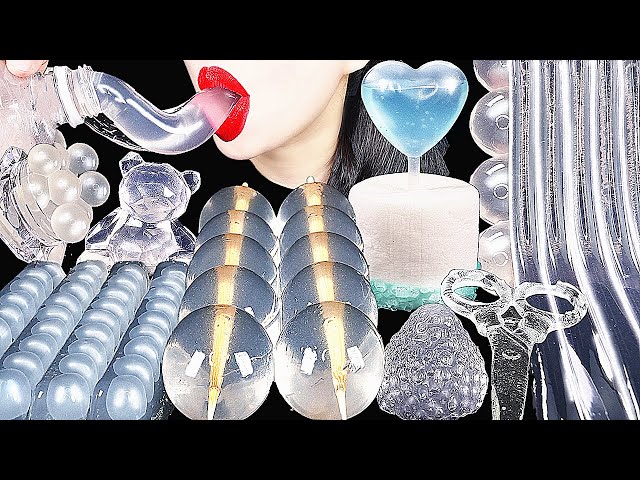 ASMR CLEAR FOODS 투명 디저트먹방, CLEAR JELLY, EDIBLE SPOONS, POPPING BOBA, PEEPS, DRINKING SOUNDS 신기한 물먹방