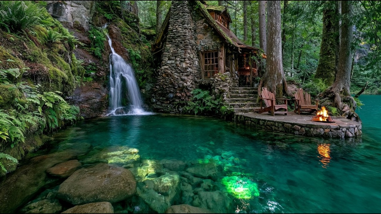 Relaxing Piano Music by the Riverside Cabin 🌿🔥 Campfire & Birds Sounds for Sleep, Relax & Stress
