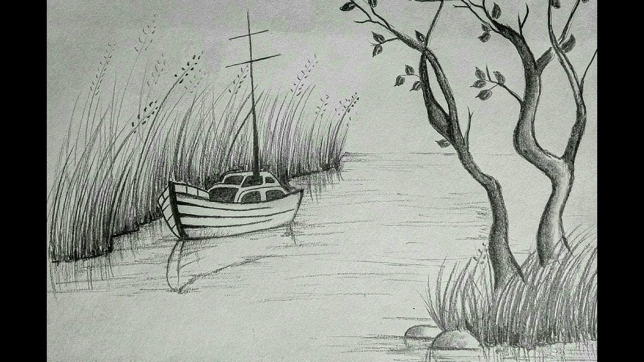 How to draw boat on water scenery step by step easy sketch - YouTube