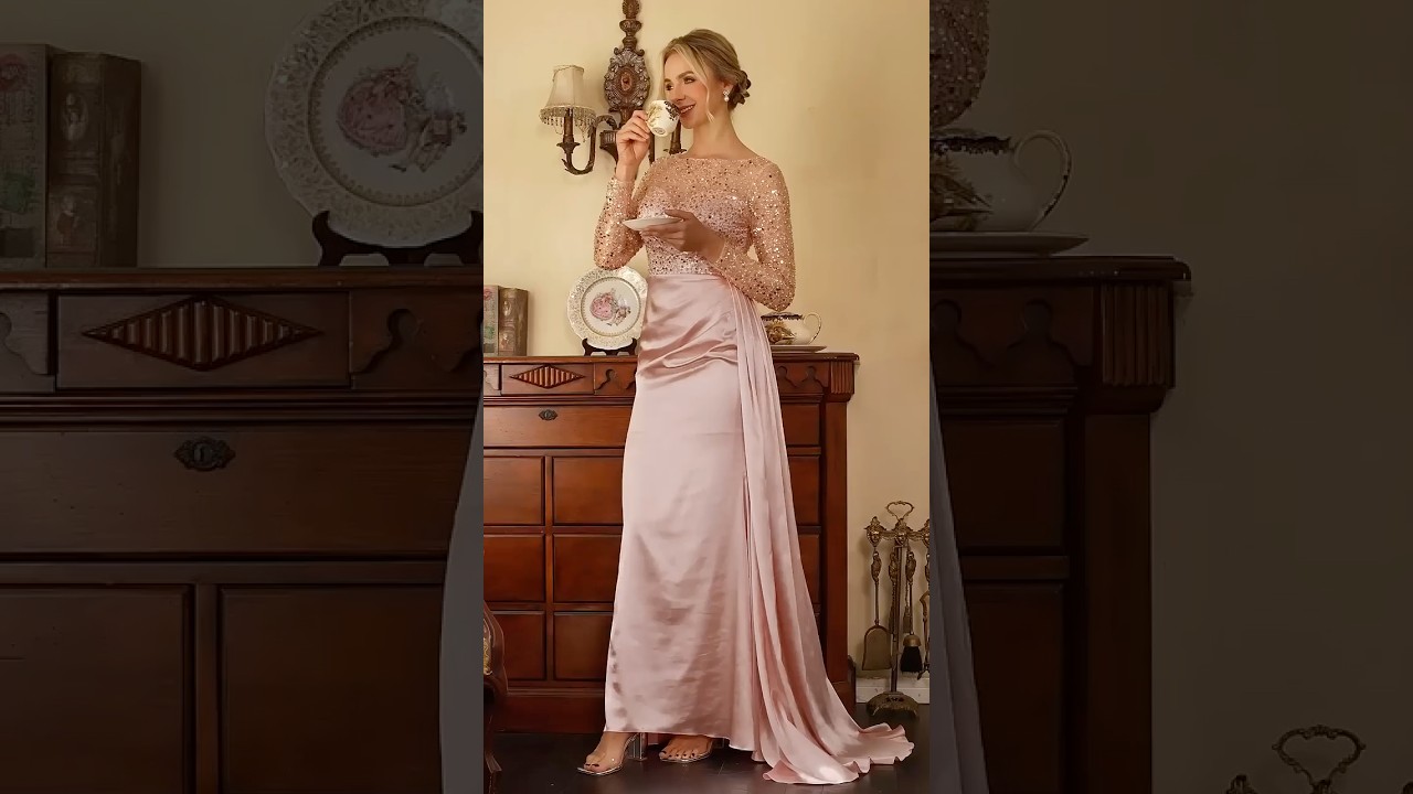 LAVELIYA Sheath Scoop Long Sleeves Sequin Floor-Length Silk Like Satin Mother of the Bride Dress