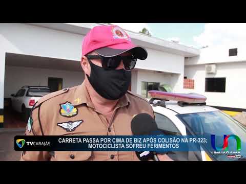 Carreta passa por cima de biz após colisão na PR 323; motociclista sofreu ferimentos