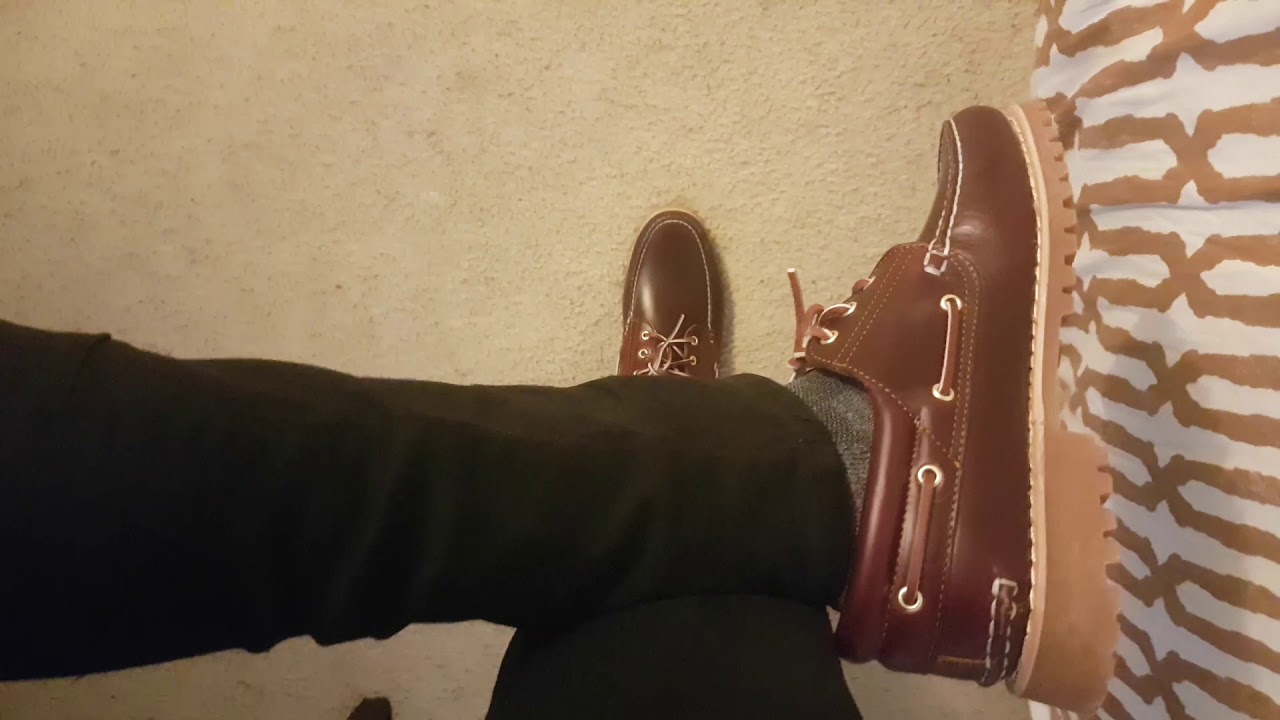 Timberland Authentic handsewn boat shoe burgundy full grain leather on feet  - YouTube