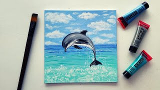 EASY DOLPHIN ACRYLIC PAINTING STEP BY STEP for beginners / how to paint a dolphin over the sea