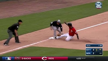 NYY@MIN: Hicks makes catch, gets Rosario at third