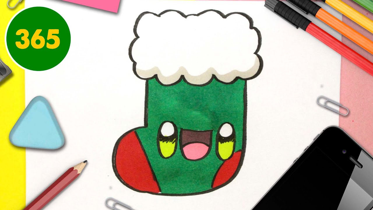 COMMENT DESSINER UNE CHAUSSETTE DE NOËL KAWAII - Dessins kawaii facile
