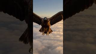 A golden eagle soars through the cloudy sky.