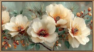 Winter Ivory Blossom Art | Soft Pine & Floral Frame TV Display | Serene Ambient 4K screenshot 4