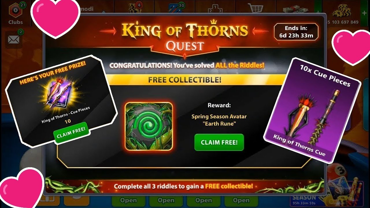 Week 3 Riddles King of Thorns Quest ðŸ˜ 17X Pieces & Avatar For All ðŸ¤” | 8  Ball Pool | - 