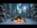 🌲 Snowy Forest Camping Under Aurora | Relaxing Campfire Ambience for Deep Sleep