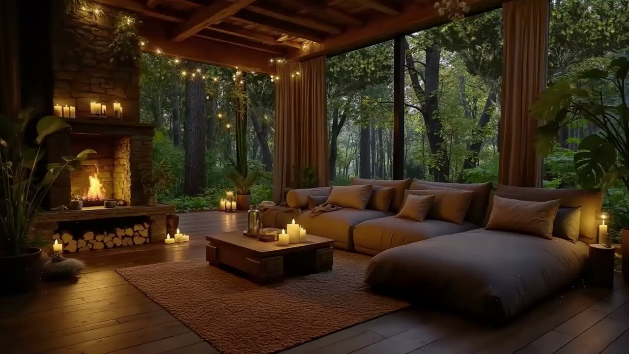 Cozy Forest Rain Ambience, Fireplace Glow & Soothing Rain Sounds for Relaxation