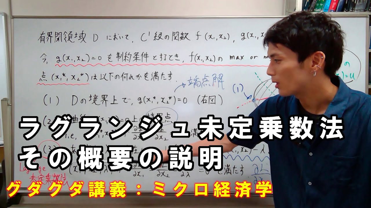 【ミクロ経済学】ミクロ経済学についてグダグダ語る講義：ラグランジュ未定乗数法の概説【難易度：学部初級から学部中級】