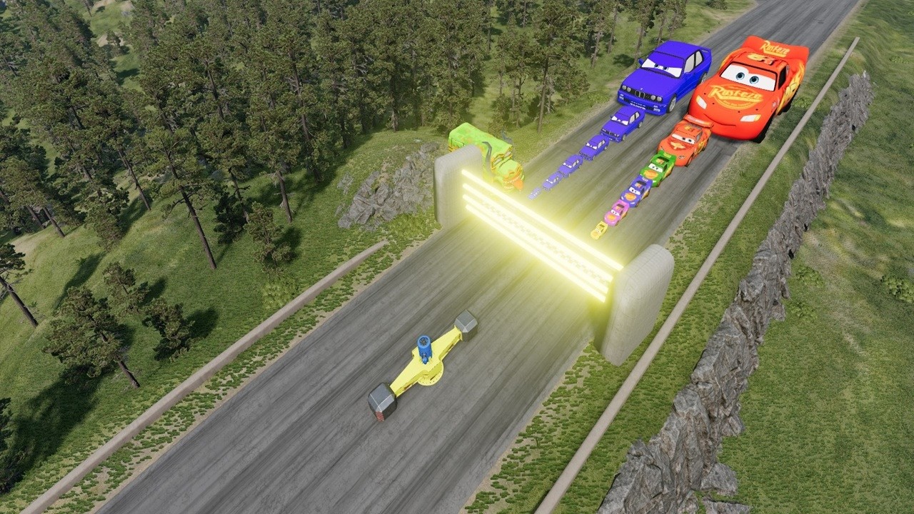 Big & Small McQueen & BMW Car vs Zombie Bus, Laser Barrier & Spinner Downhill Race | BeamNG.Drive