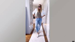 Light Denim Barrel Pants Styled With White Tailored Jacket and Chestnut Bag #streetstyle #ootd