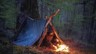 SOLO CAMPAIGN OVERNIGHT in heavy Rain  Relaxing in tent  asmr