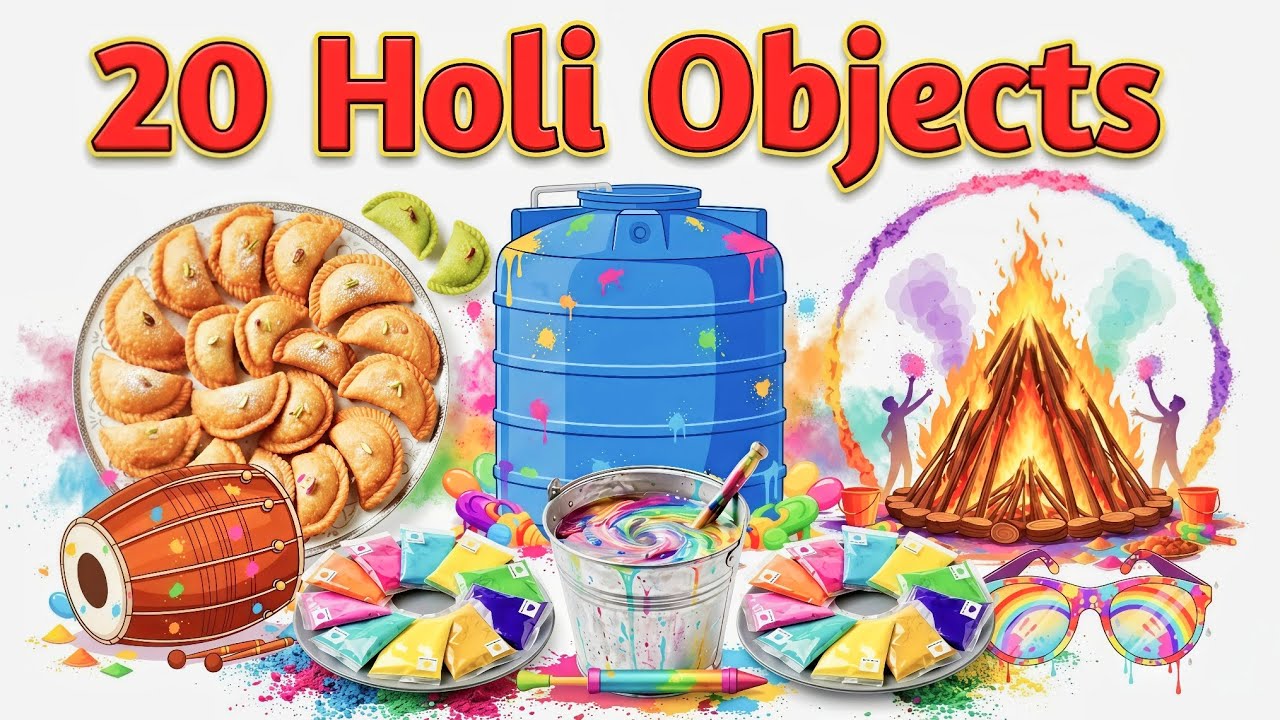 Learn 20 Holi Objects Name in English and Hindi 🌈 | Kids Holi Learning Video
