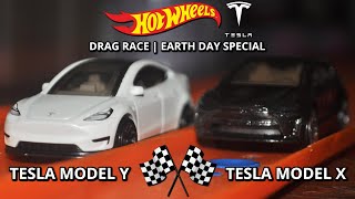 Hot Wheels | Tesla Model Y VS Tesla Model X | Drag Race | Earth Day Special