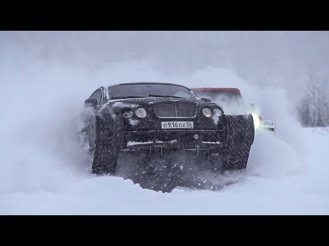 Bentley Ultratank и Wrangler на гусеницах против бездонного снега.