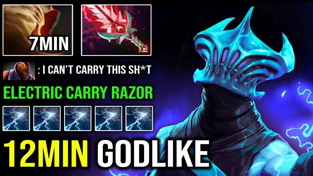 ELECTRIC IMBA RAZOR 7Min Boots 12Min Godlike 100% Bloodthorn Crit Hard Carry Deleted Enemy DotA 2