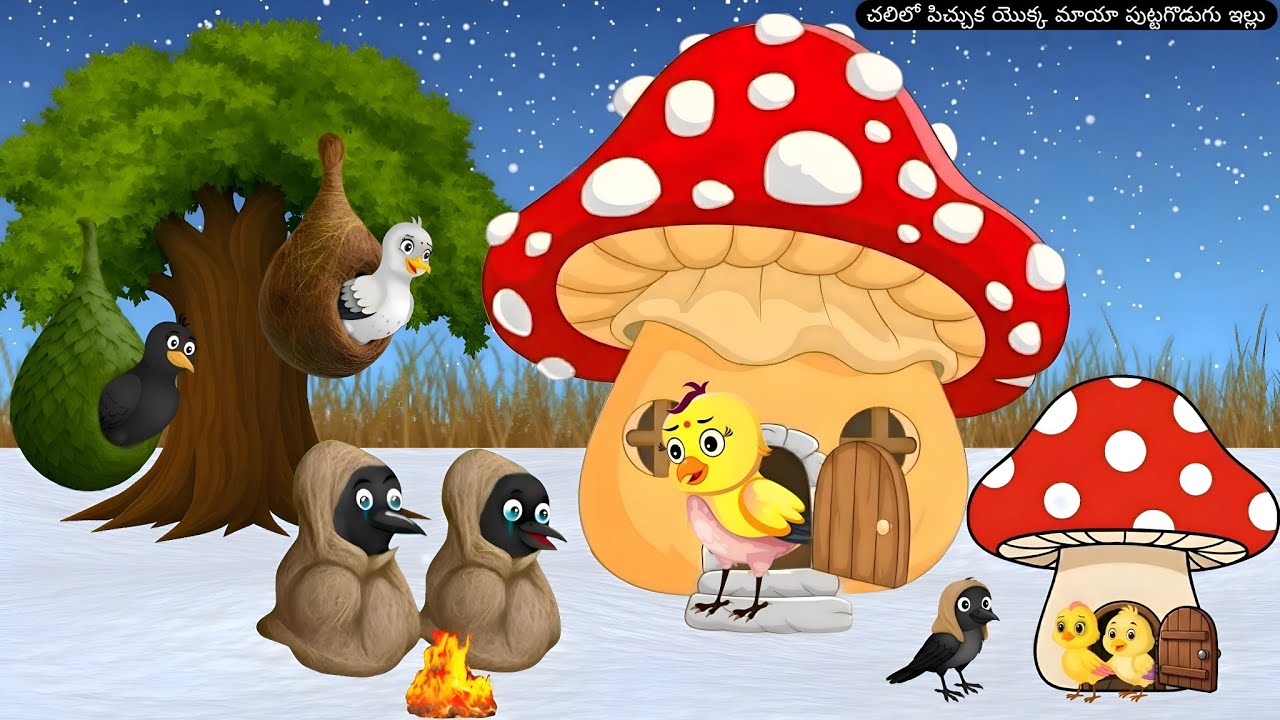 చలిలో పిచ్చుక యొక్క ​మాయా పుట్టగొడుగు ఇల్లు | Birds cartoon | moral Telugu story's |