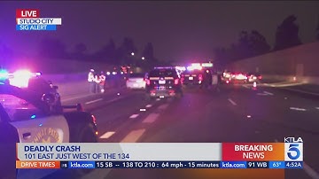 Fiery crash into construction truck leaves 1 dead on 101 Freeway in Studio City