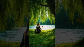 A woman sits by the lakeside under a large tree, quietly enjoying the peaceful view of the water.