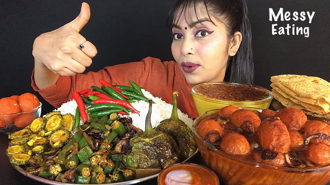 EATING BHAT DAL BAIGAN KARELA BHINDI FRY ALOO DUM PAPAD LADDU | ASMR BIG BITES | INDIAN MUKBANG SHOW