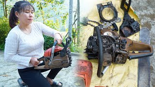 Revitalizing and maintaining saw machines. diesel engine recovery. Mechanical girl