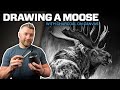 Drawing a bull moose with charcoal on canvas