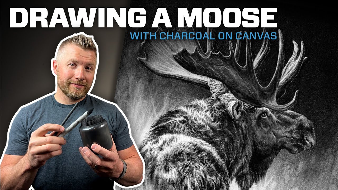 Drawing a Bull Moose with Charcoal on Canvas