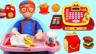 Blippi Pretend Cooking McDonalds Happy Meal \& Healthy Fruit Snacks with McDonalds Toy Cash Register!