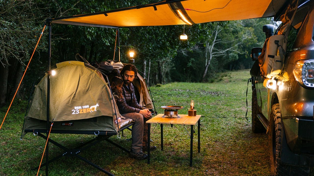 SOLO Camping in the Rain with My Dog [Cosy Awning and Swag Tent, Peaceful and Relaxing Nature ASMR]