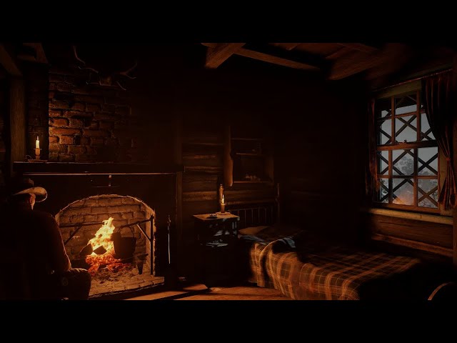 Snowy Windy Night By The Fireplace In A Cozy Cottage | RDR2 ASMR class=