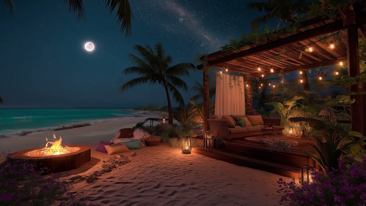 Oceanfront Cabana at Night 🌊 🌙 | Cozy Fire Pit & Gentle Waves for Deep Relaxation