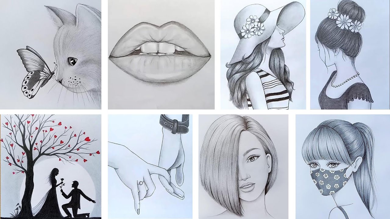 9 simple drawing techniques || How to draw eye, nose, lips || Pencil Sketch  for beginners - YouTube