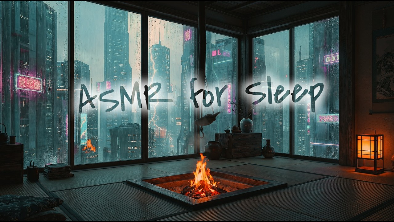 Silent Neon Storm ASMR for Sleep | Rain & Fireplace Sounds