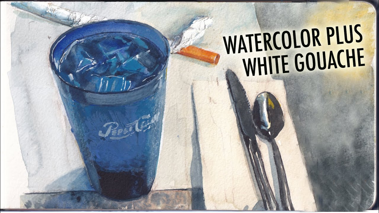 Watercolor Plus White Gouache  Painting a Blue Cup in a Diner