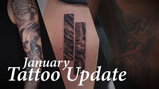 January Tattoo Update  abstract tattoo, angel statue, sleeve tattoo