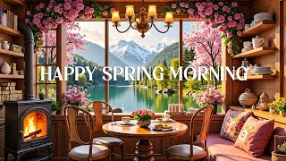 Crackling Fireplace & Smooth Jazz Music 🌸 Happy Spring Morning Jazz at Outdoor Coffee Shop Ambience